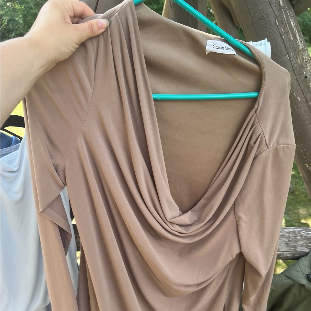 Calvin Klein Long Sleeve Draped Dress - Tan